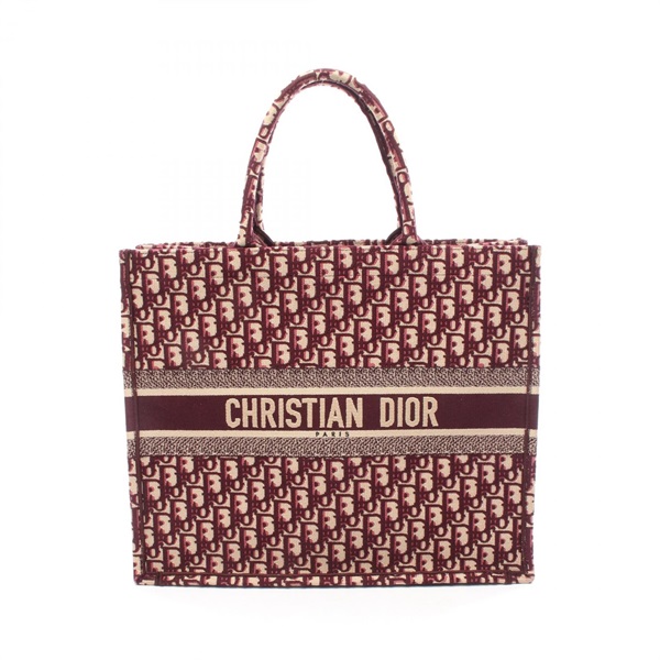 Christian Dior BOOK TOTE Large Bag canvas oblique Bordeaux Beige Used Women