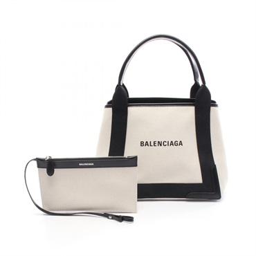 BALENCIAGA NAVY CABAS S Hand Tote Bag 339933 canvas leather Beige Black Used