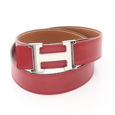 HERMES Constance H reversible ceinture belt A Box calf Courchevel Red Brown SHW