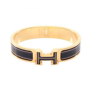 HERMES Click H PM Bangle Bracelet Gold Plated enamel Navy Black Gold Used Women