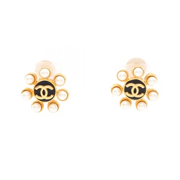 CHANEL COCO Mark Flower Earring Gold Plated Artificial pearl Black Used Women CC