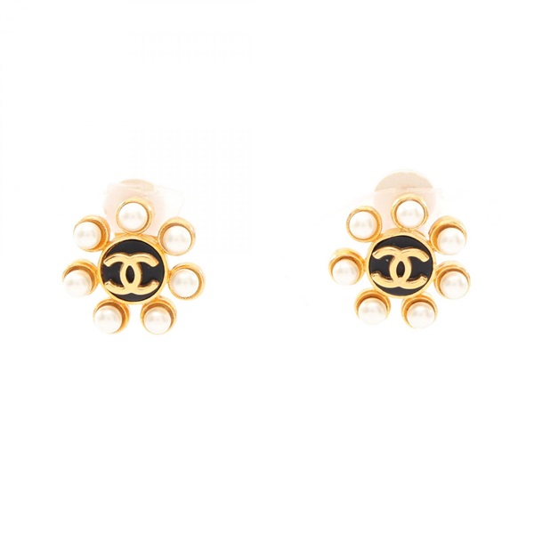 CHANEL COCO Mark Flower Earring Gold Plated Artificial pearl Black Used Women CC