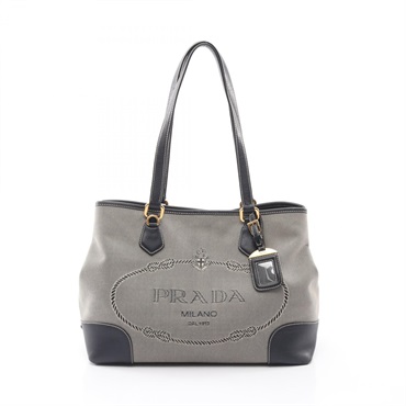 PRADA Logo Jacquard Triangule logo Plate Shoulder Tote Bag canvas leather Used