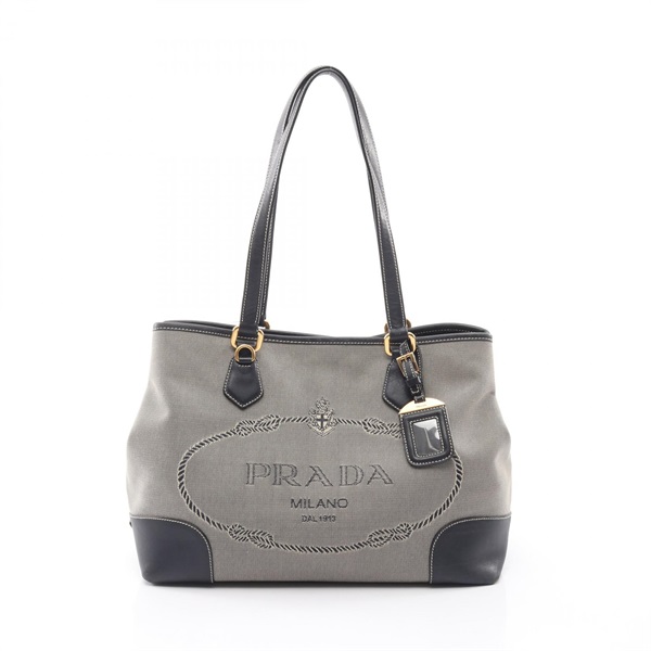 PRADA Logo Jacquard Triangule logo Plate Shoulder Tote Bag canvas leather Used