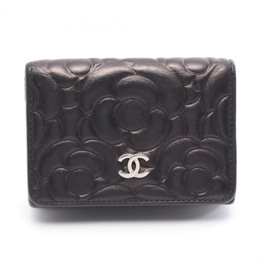 CHANEL Camellia COCO Mark Tri-fold Wallet Purse leather Black SHW Used Women CC