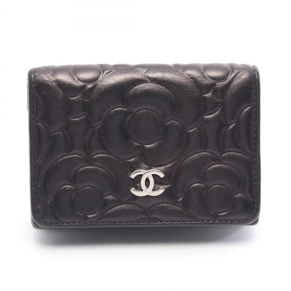 CHANEL Camellia COCO Mark Tri-fold Wallet Purse leather Black SHW Used Women CC