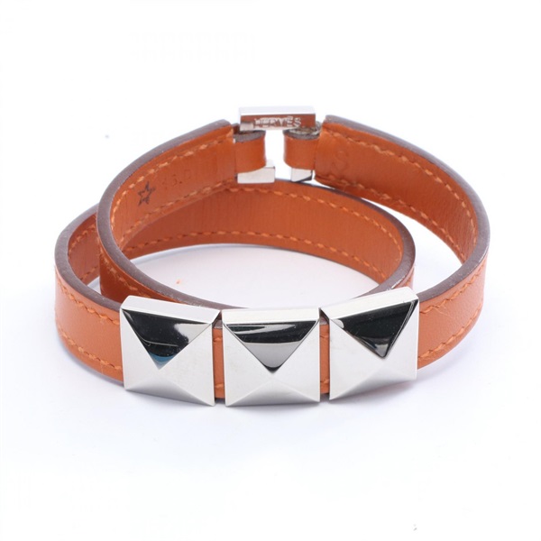 HERMES Medor Collier de Chien Bracelet Bangle Gold Plated Leather Used Women K