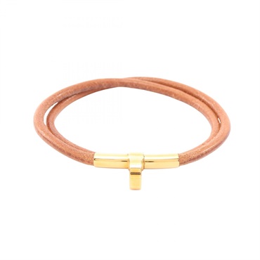 HERMES Double Kelly Choker Bracelet leather Gold Plated Brown Used Women