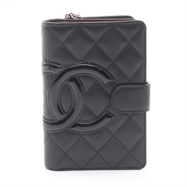 CHANEL Cambon line Bi-fold L-zip Wallet Purse leather Patent Black Pink Used CC