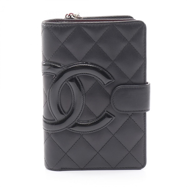 CHANEL Cambon line Bi-fold L-zip Wallet Purse leather Patent Black Pink Used CC