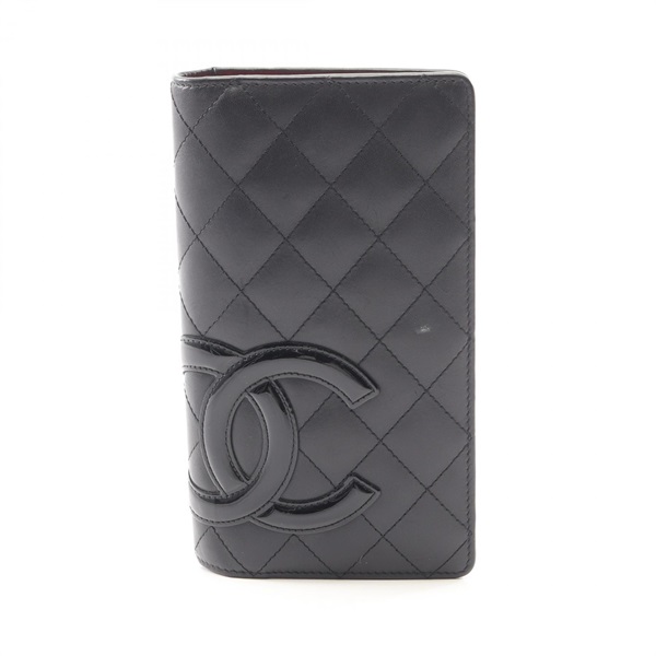 CHANEL Cambon line Bifold Long Purse Wallet leather Patent Black Pink Used CC