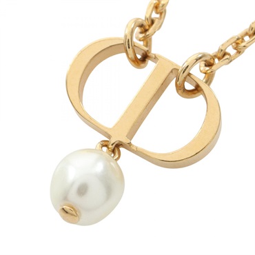 Christian Dior CD Logo Necklace Pendant Gold Plated Artificial Pearl Used Women