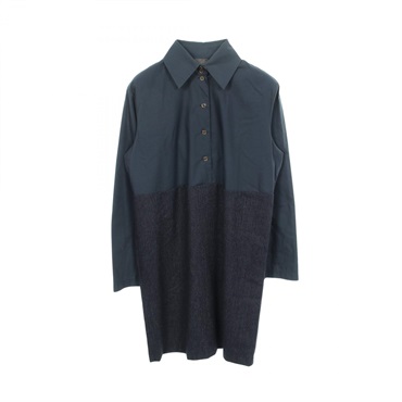 FENDI Stripe Switching Long sleeved Shirt Dress #40 wool Navy Used Women