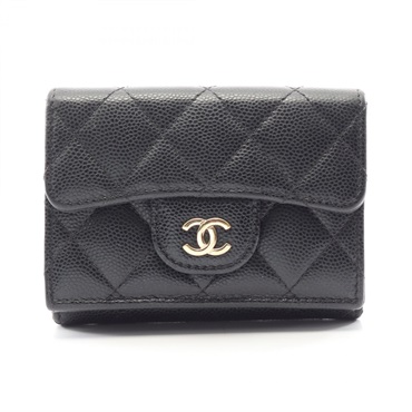 CHANEL Classic Small Flap Matelasse Tri-Fold Purse Wallet leather Black GHW Used