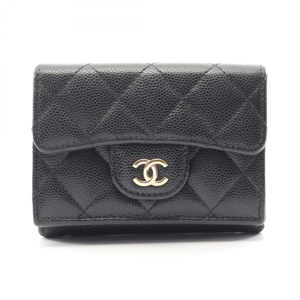 CHANEL Classic Small Flap Matelasse Tri-Fold Purse Wallet leather Black GHW Used