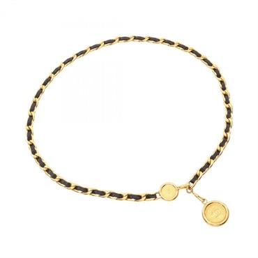 CHANEL COCO Mark Chain Belt Ceintre leather Gold Plated Black Used Women CC