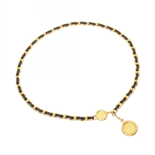 CHANEL COCO Mark Chain Belt Ceintre leather Gold Plated Black Used Women CC