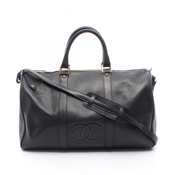 CHANEL COCO Mark Travel Duffel Crossbody Bag Grained Calfskin leather Black Used