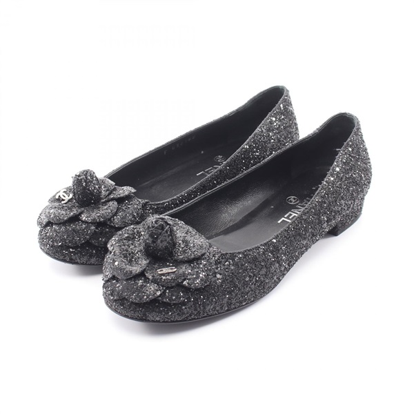CHANEL camellia flat shoes pumps Glitter Black #37C Used Women