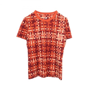 HERMES Bolduc Check Crew Neck T-shirt cotton Orange Brown Used Women size 34