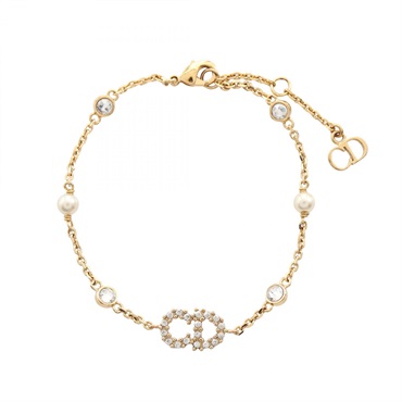 Christian Dior CD logo Bracelet GP Artificial Pearl Rhinestone White Used Women