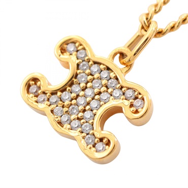 CELINE Triomphe Necklace Pendant Gold Plated Rhinestone Clear Used Women