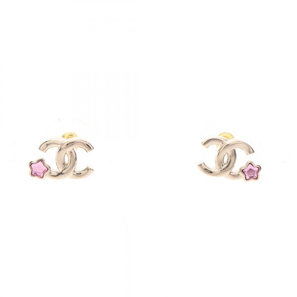CHANEL COCO Mark Star Pierced earrings Gold Plated Rhinestone Pink Used Women CC