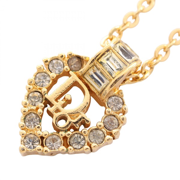 Christian Dior Logo heart Necklace Pendant Gold Plated Rhinestone Used Women