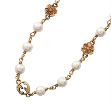 GUCCI Interlocking G Flower Necklace Gold Plated Artificial pearl Used Women