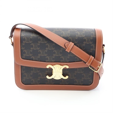 CELINE classic triomphe Shoulder crossbody Bag canvas leather Brown Black Used
