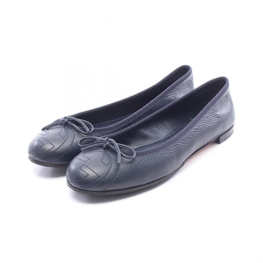 GUCCI Interlocking G Flat Shoes Pumps #37 1/2 leather Navy Used Women GG