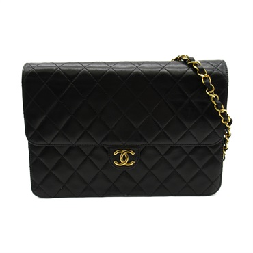 CHANEL Matelasse Push Lock Chain Shoulder Bag Lambskin leather Black Used Women
