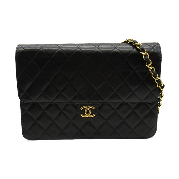CHANEL Matelasse Push Lock Chain Shoulder Bag Lambskin leather Black Used Women
