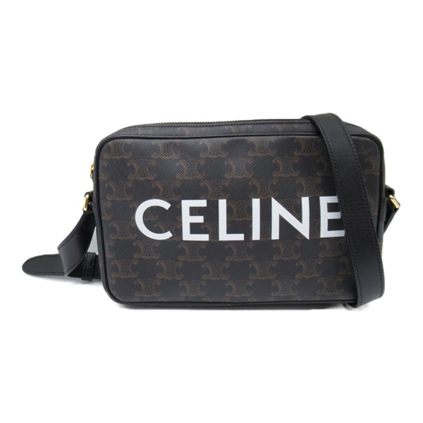 CELINE Triomphe Shoulder Bag cossbody Coated canvas Black Brown Used Women logo