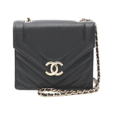 CHANEL Chevron V Stitch chain Shoulder crossbody Bag leather Black Used GHW