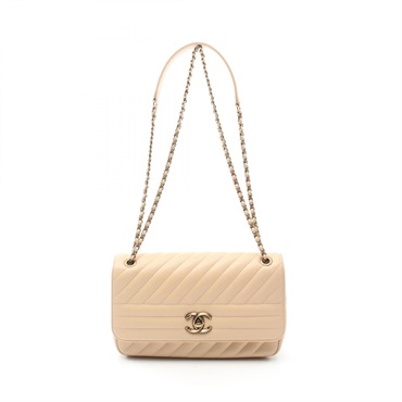 CHANEL Diagonal quilted flap chain Shoulder Bag Goatskin Beige Used