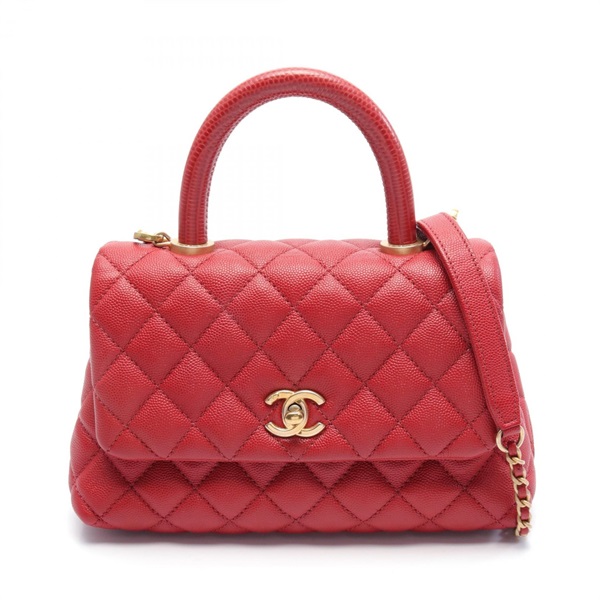 CHANEL Top Handle Flap Matelasse shoulder Hand bag A92990 Caviar skin Red GHW