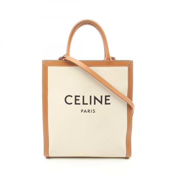 CELINE Small Vertical Cabas 2way Tote Bag canvas leather White Brown Used Women