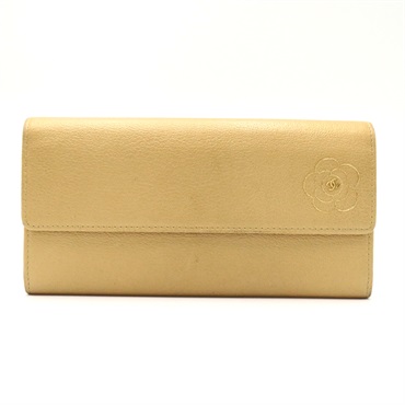 CHANEL Camellia zip long wallet Bifold leather Beige Used Women CC Coco GHW
