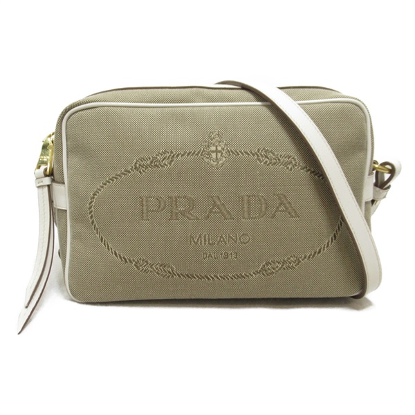 PRADA Shoulder Bag canvas leather Beige White Used Women