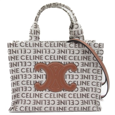CELINE Small Cabas Thais 2way Shoulder Tote Bag canvas White Brown Used Women