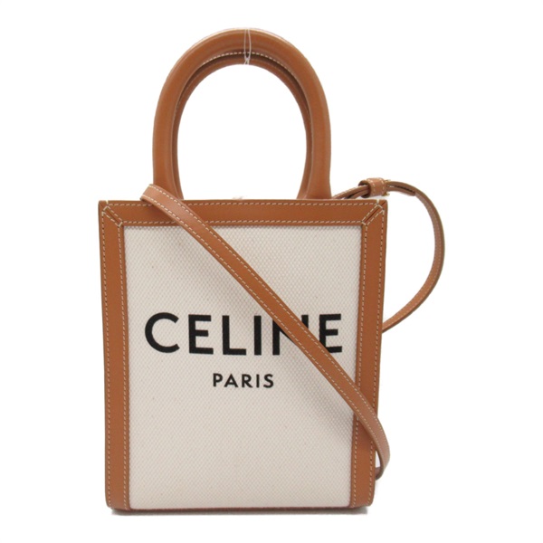 CELINE Mini vertical cabas 2way Shoulder Bag leather White Brown Used Women logo