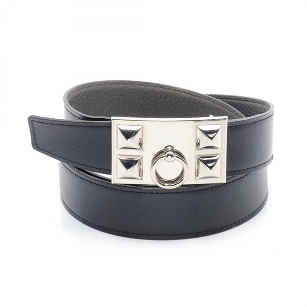 HERMES Collier de Chien belt leather Black Gray Used Women SHW C