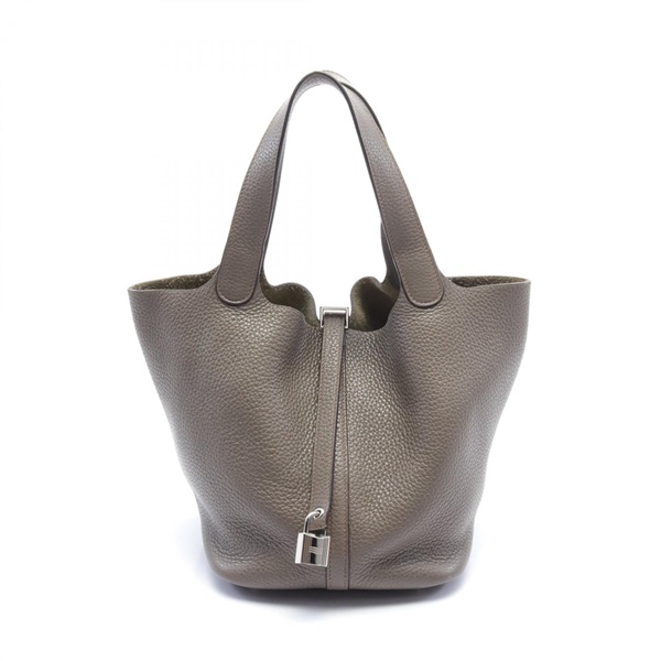 HERMES Picotin Lock MM Hand bag Taurillon Clemence SHW Etain Brown Used Women