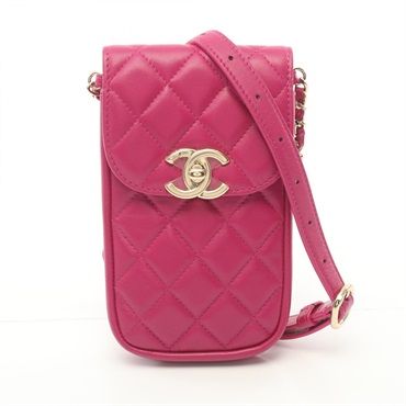 CHANEL Matelasse phone case Shoulder crossbody Bag lambskin Pink Used GHW