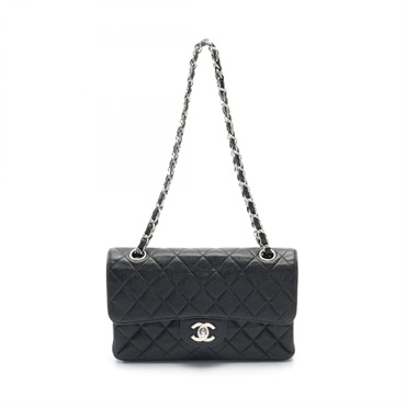 CHANEL Matelasse W flap Shoulder chain Bag Caviar skin Black Used SHW