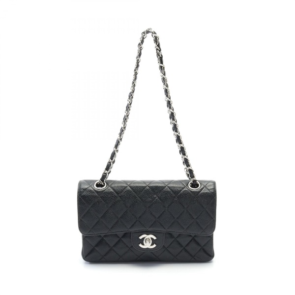 CHANEL Matelasse W flap Shoulder chain Bag Caviar skin Black Used SHW