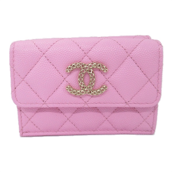 CHANEL Classic Small Flap Trifold compact Wallet Caviar Skin Pink GHW Used