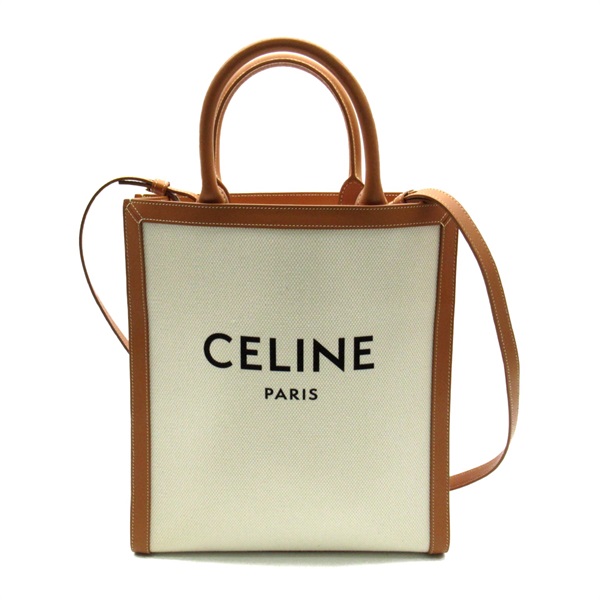 CELINE Vertical cabas Small 2way Shoulder Bag canvas White Brown Used Women logo