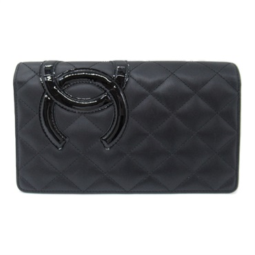 CHANEL Cambon Line ZIP Bifold long wallet leather enamel Black SHW Used